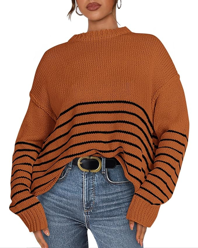 KIRUNDO Womens Fall Fashion Striped Sweater Casual Drop Shoulder Long Sleeve Crewneck Loose Knit ... | Amazon (US)