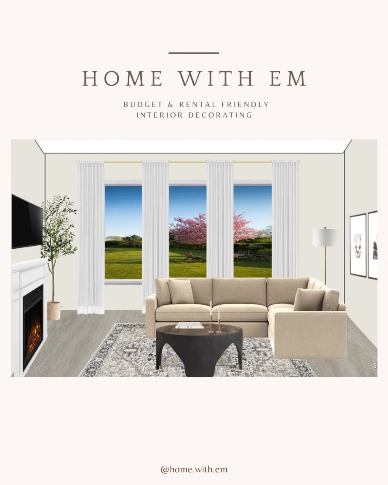 A modern family room with a black and white washable rug, round black coffee table, black and white wall art, faux olive tree, floor lamp, candle sticks, coffee table books.

#LTKstyletip #LTKhome #LTKfamily