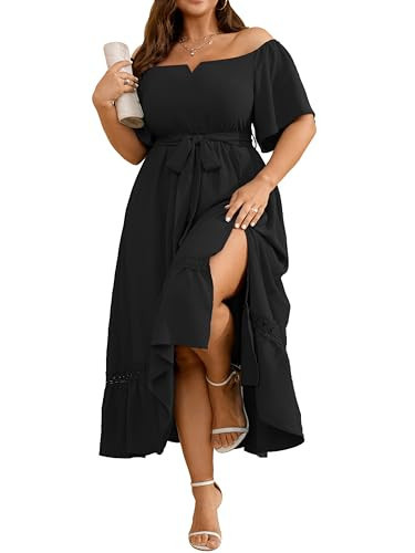 RWJ Wedding Guest Dresses for Women, Black Plus Size Dresses for Curvy Women Off The Shoulder V Neck Maxi Dress Large | Amazon (US)