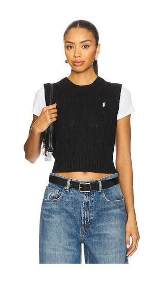 Cable-Knit Cotton Cropped Vest in Polo Black | Revolve Clothing (Global)