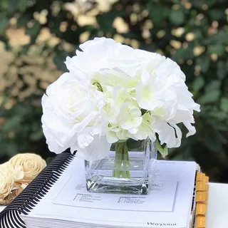 Enova Home Mixed Cream Rose and Hydrangea Flower Arrangement in Cube Glass Vase With Faux Water F... | Bed Bath & Beyond