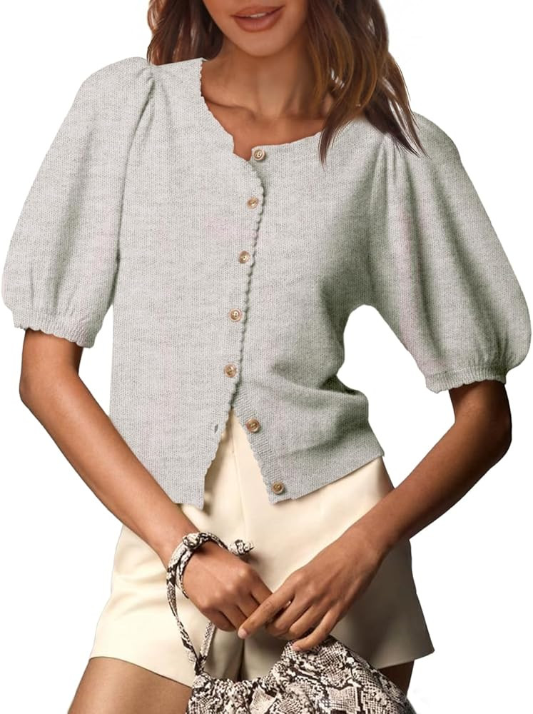 Saodimallsu Womens Puff Short Sleeve Cardigan Lightweight Summer Button Down Shirts Knit Crew Nec... | Amazon (US)