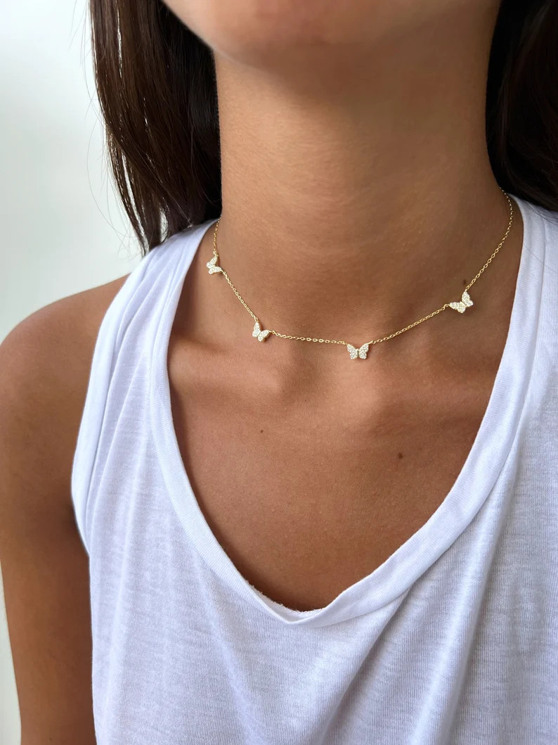 Silver Butterfly Necklace, Pave Butterfly Necklace, Butterfly Choker Necklace, Diamonds Butterfly... | Etsy (US)