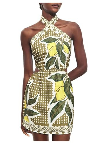 MakeMeChic Women's Boho Mini Dress Summer Beach Vacation Halter Dresses Floral Sundress | Amazon (US)