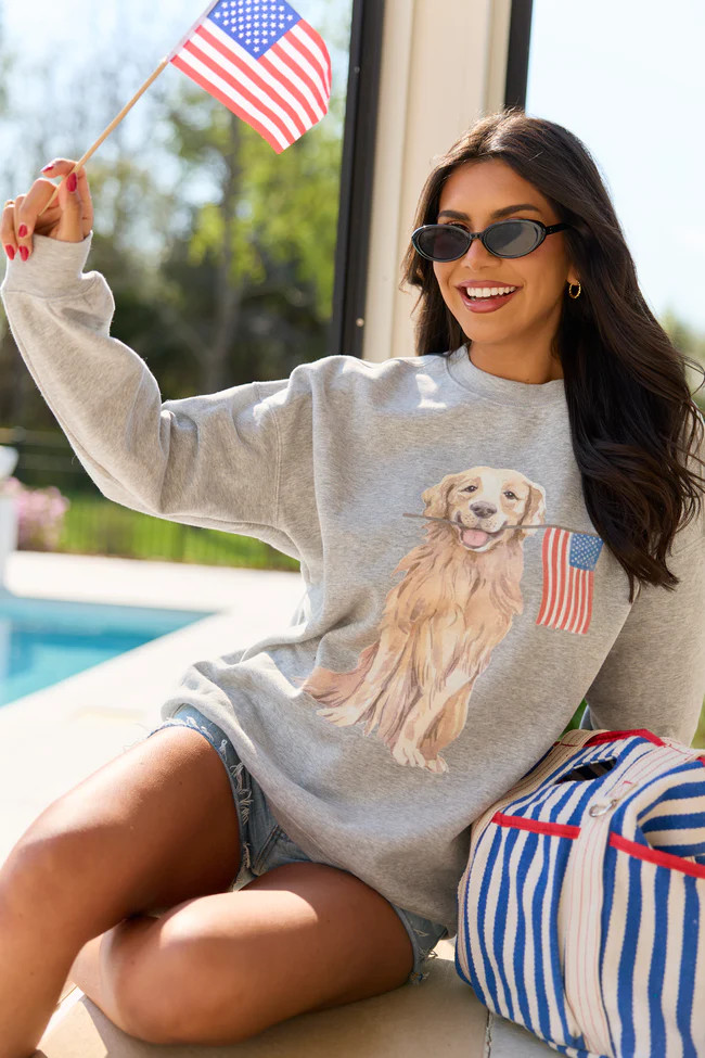 Patriotic Pup Light Grey Graphic Sweatshirt | Pink Lily