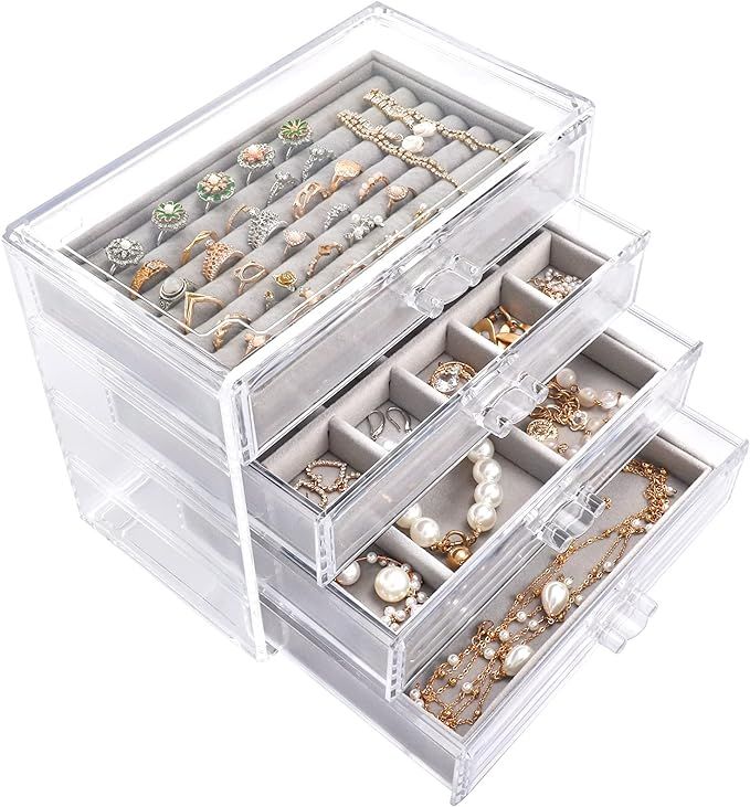Mebbay Acrylic Jewelry Box with 4 Drawers, Velvet Jewelry Organizer for Earring Necklace Ring & B... | Amazon (US)