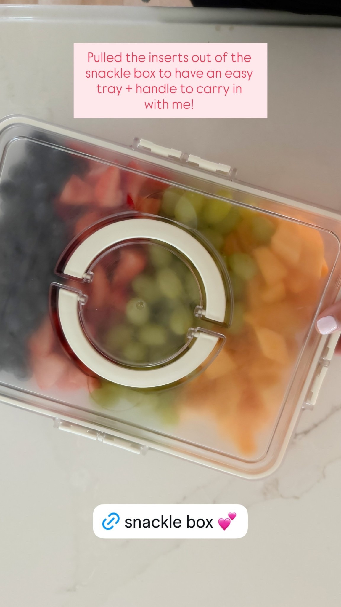 Pulled the inserts out of the snackle box to have an easy tray + handle to carry in with me!