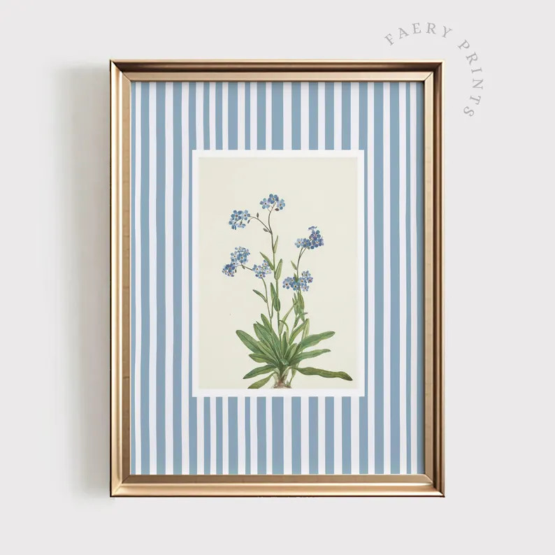 Blue Stripe Floral Print | Pastel Blue PRINTABLE Wall Art | Soft Baby Blue Nursery Decor | Botani... | Etsy (US)