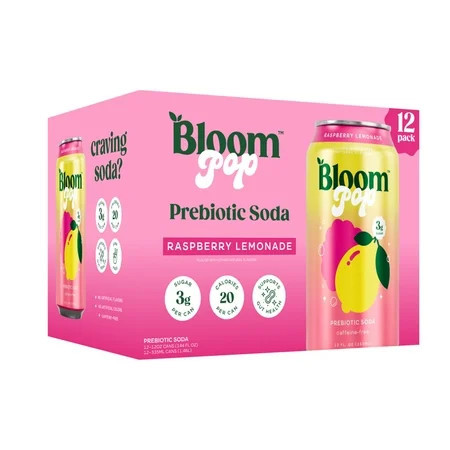 Bloom Pop Prebiotic Soda, Raspberry Lemonade, 12 fl oz, 12 Pack | Walmart (US)