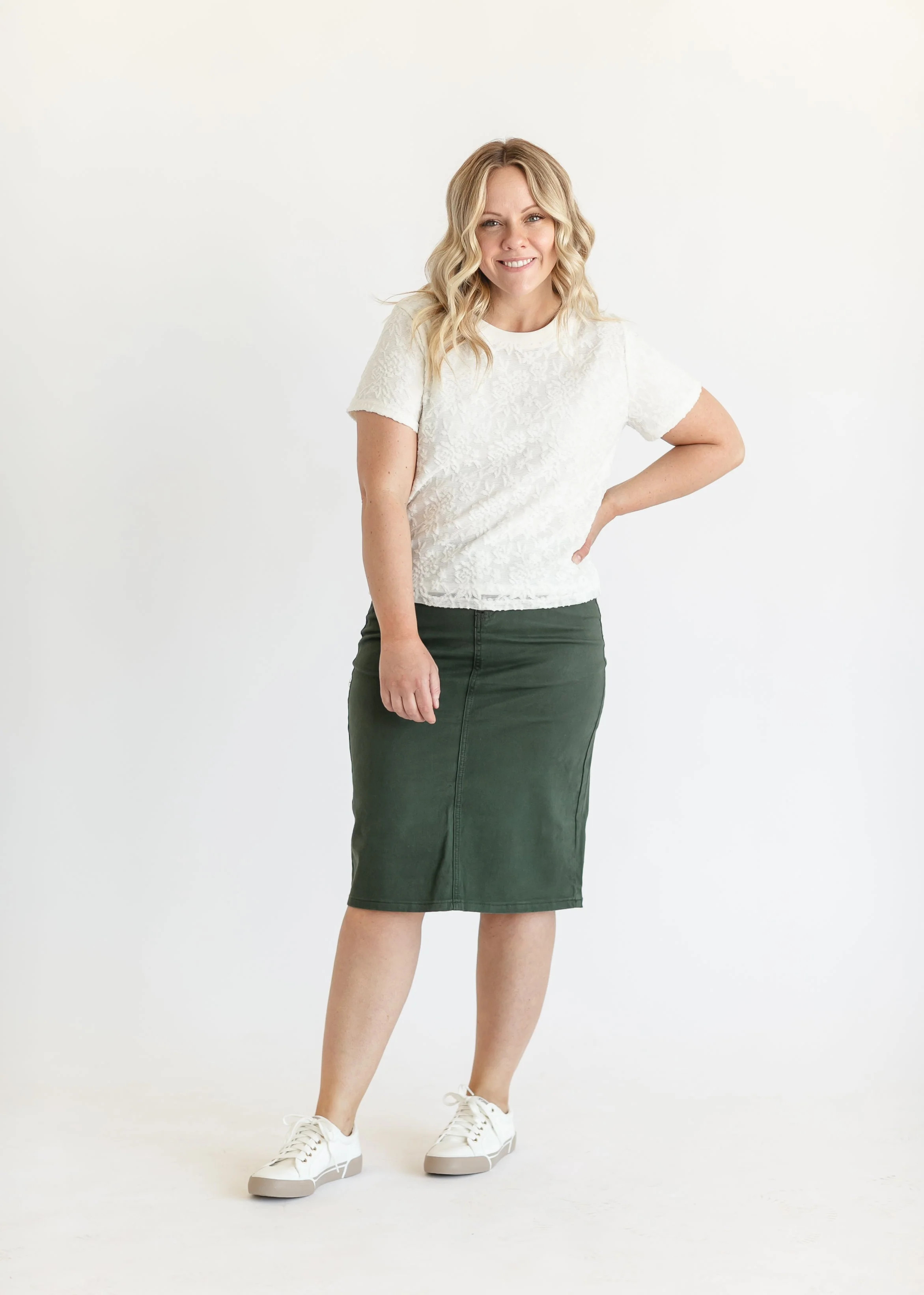 Remi Olive Branch Denim Midi Skirt | Inherit Clothing Co.
