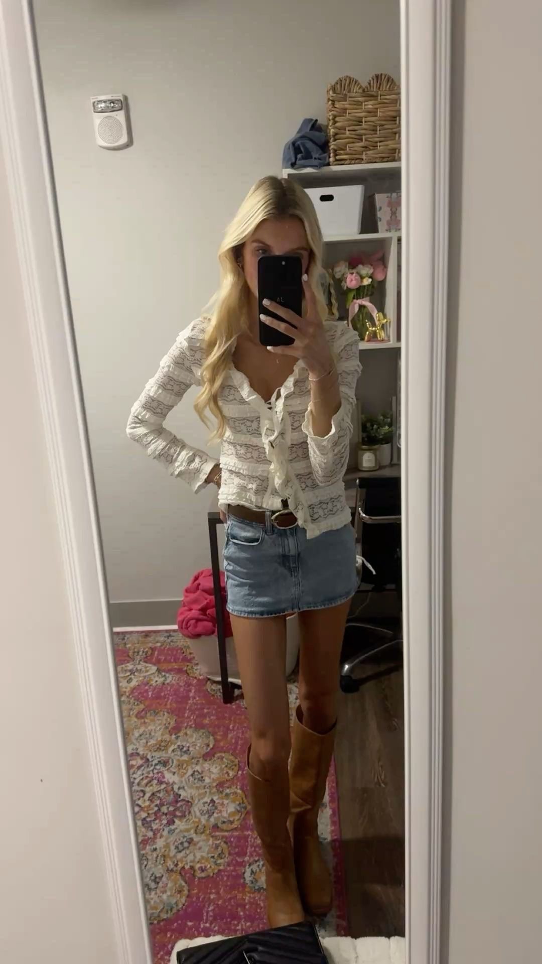 White lace long sleeve, denim mini skirt & brown boots

#LTKgrwm #LTKootd #LTKU