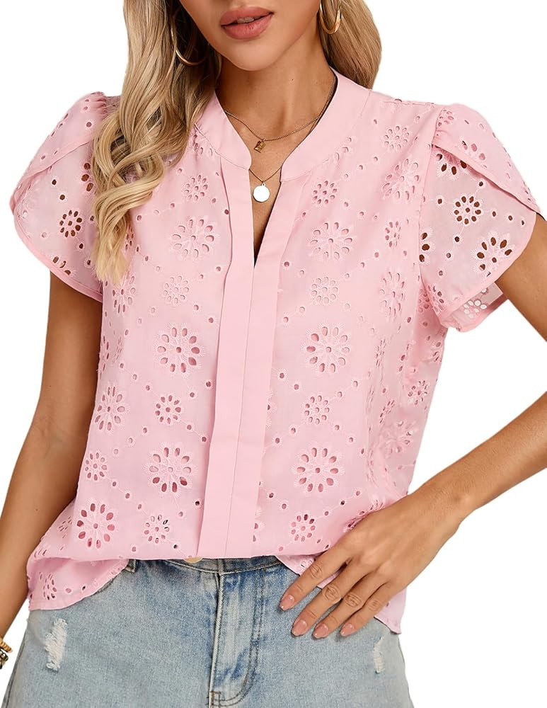 Kate Kasin Women Eyelet Spring Summer Tops, Dressy Casual Petal Short Sleeves Shirts, V Neck Lace... | Amazon (US)