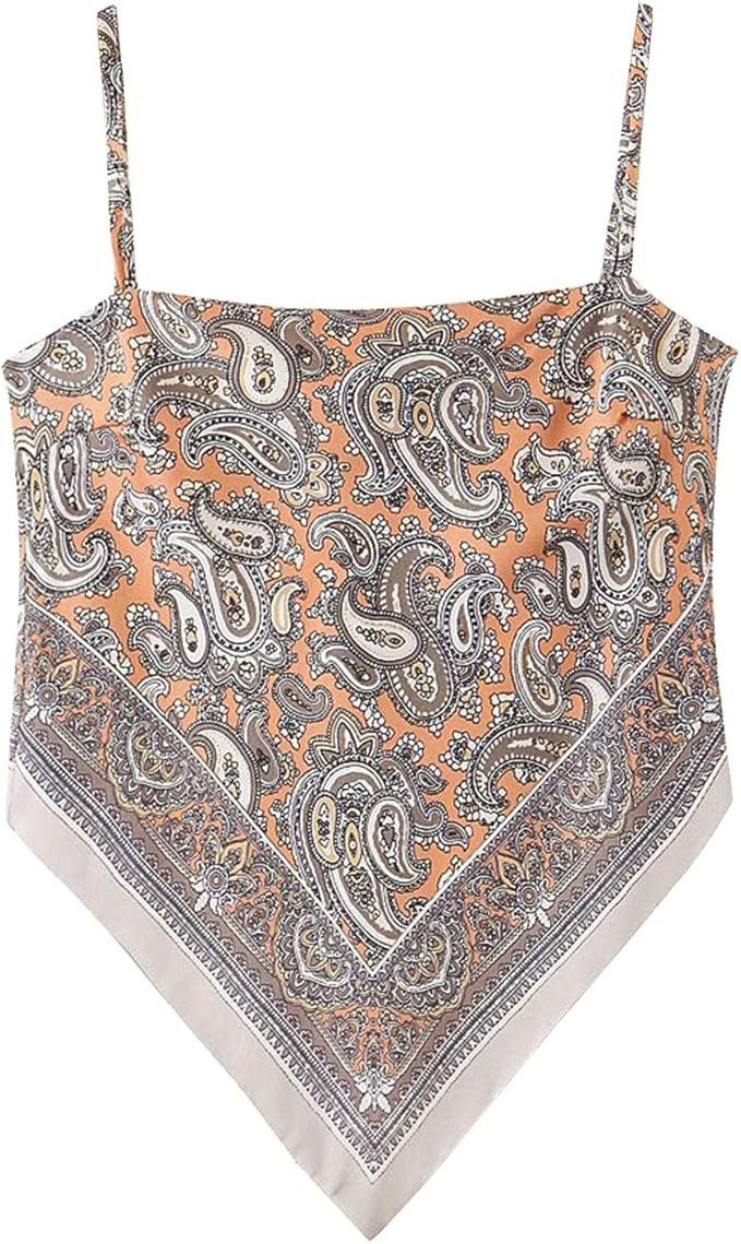 Arjungo Women's Paisley Print Tie Back French Knot Hanky Hem Spaghetti Straps Handkerchief Cami B... | Amazon (US)