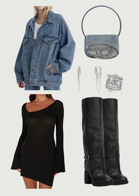 Another fall outfit idea that im obsessed with. Oversized denim jacket, foldover knee high boots, faux leather, knit mini dress, silver jewelry, black and denim 

#LTKstyletip #LTKSeasonal #LTKsalealert