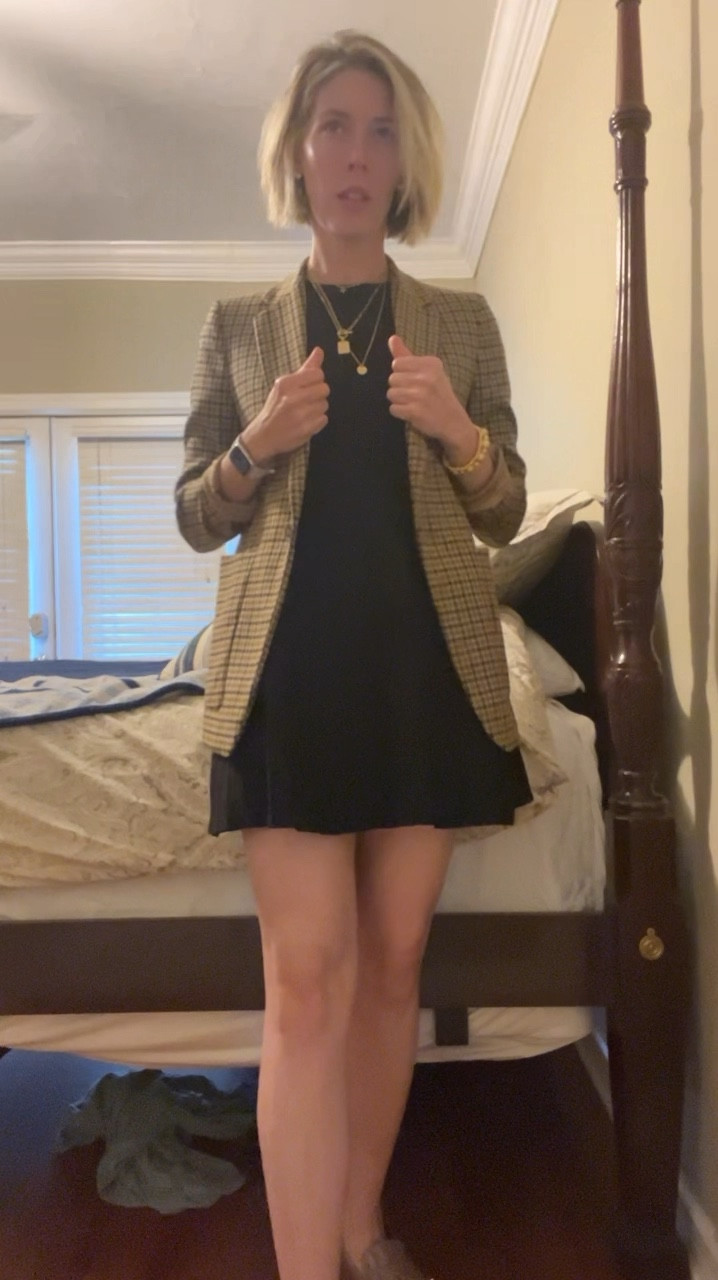 Walmart Black Scoop Mini Dress for Work! Not tall friendly. This dress is popular but not very tall friendly. I started in a medium and sized down to XS. Exact dress and similar linked. 

Blazer from Rent the Runway by Boss. Size 4. Exact jacket and similar linked. 

Loafers from Just Fab size 12. Exact shoes linked. 

Amazon jewelry linked. 

What to wear to work. Blazer and dress style for work. Office style for women over 40  

#LTKSummerSales #LTKFindsUnder50 #LTKWorkwear