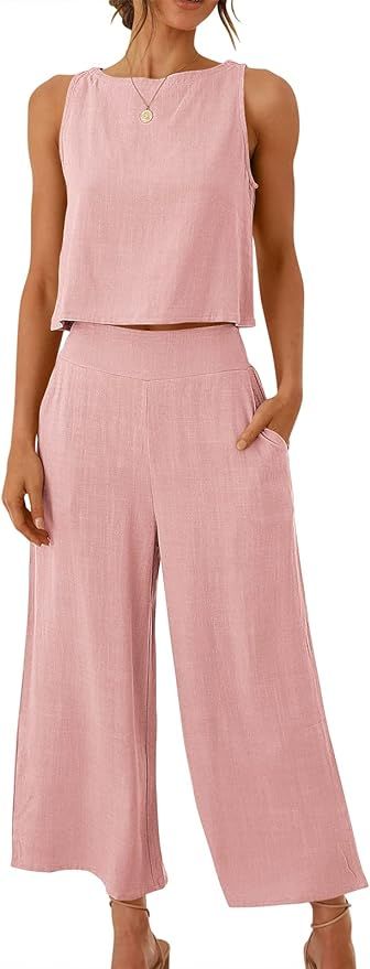 Prinbara Women's Summer Casual 2 Piece Outfits Round Neck Crop Basic Top Cropped Wide Leg Pants S... | Amazon (US)