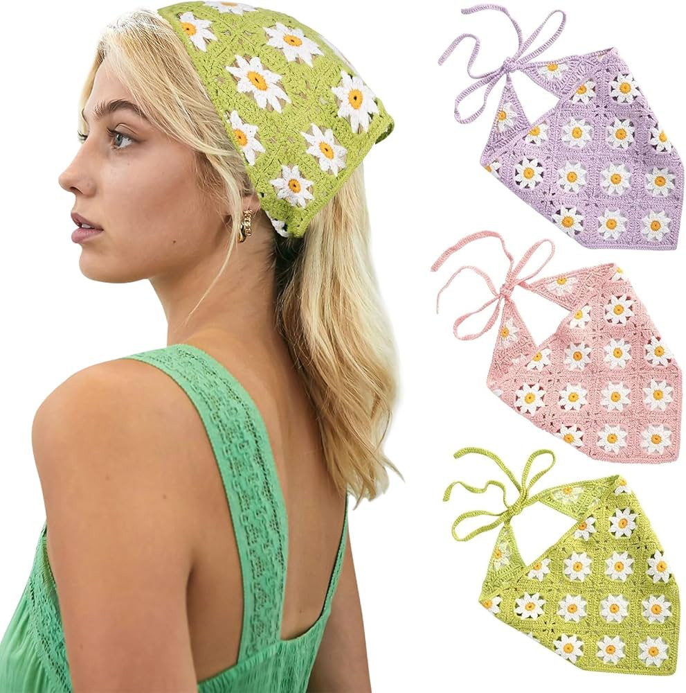 Molans Floral Bandanas Crochet Hair Scarf - 3Pcs Women Knitted Headscarf Daisy Headband Vintage H... | Amazon (US)