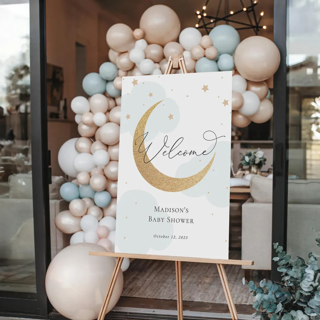 Moon and Stars Shower Welcome Sign, Baby Shower, Blue Clouds, Printable Template, Instant Downloa... | Etsy (US)