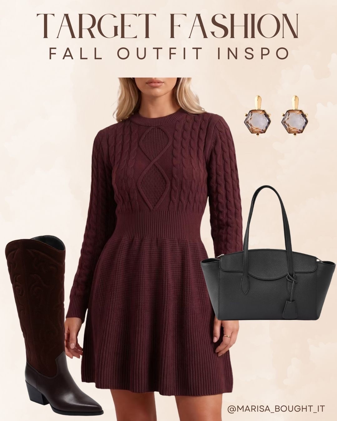 I styled this rich burgundy cable-knit sweater dress with deep brown knee-high boots, a structured black tote, and sparkly drop earrings. Such a chic look for autumn days! 🍷

#TargetStyle #TargetFinds #FallOutfit #SweaterDress #TargetFashion #LTKfashion #FallStyle #LTKunder100 #OutfitInspo #BurgundyVibes #AutumnFashion

#LTKootd #LTKSeasonal
