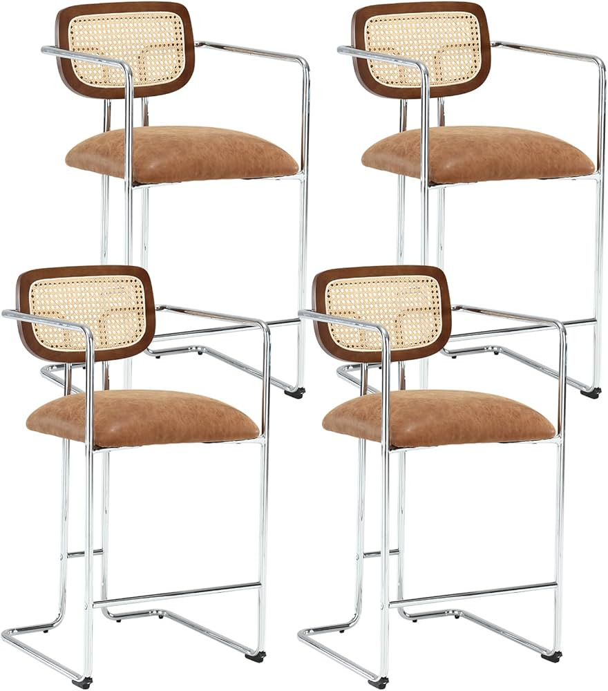 DUOMAY Mid-Century Modern Bar Stools Set of 4, 26" Counter Height Stools with Rattan Back, Faux L... | Amazon (US)