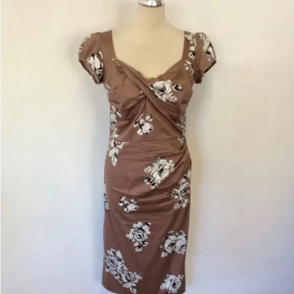 STOP STARING BY ALICIA ESTRADA TAN FLORAL GARDENIA WIGGLE / PENCIL DRESS SIZE 18 | Poshmark