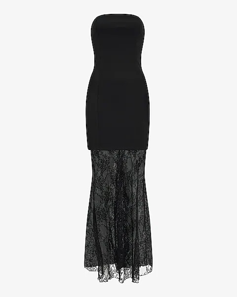 Strapless Mixed Media Sheer Lace Maxi Dress | Express