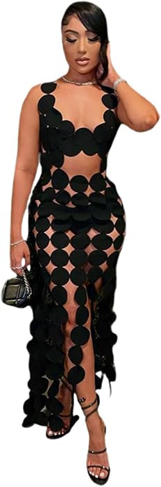 Women's Sexy Sleeveless Hollow Out Maxi Dress Tassel See Through Backless Bodycon Party Club Long... | Amazon (US)