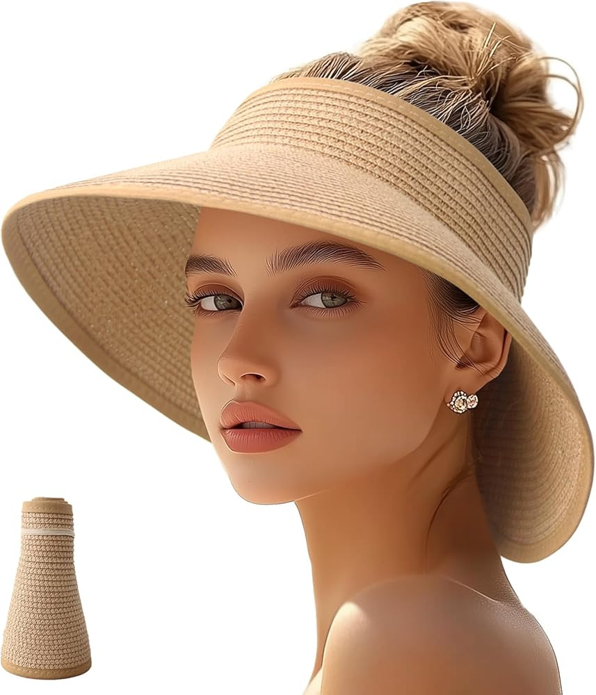 Sun Visor Hats for Women Straw Wide Brim Roll Up Foldable Beach Hat Summer UV Protection Ponytail... | Amazon (US)