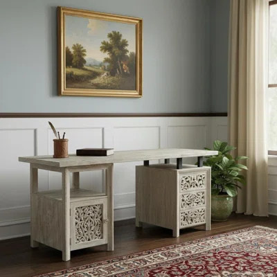 68" White Solid Wood and Metal Carved Floral Desk With Three Drawers | Wayfair North America