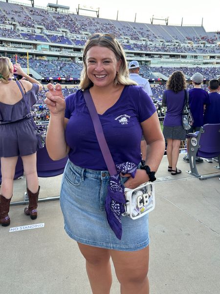 Sprinkled with pink clear stadium approved bag for TCU games (or other college!!) — pro tip tie a bandana to the bag for a sweat rag for hot games! Also linking my purple color purse strap, handheld fam that fits in your purse and has a wrist strap- plus size jean skirt 

#LTKplussize #LTKU #LTKfindsunder50