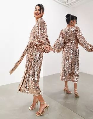 ASOS EDITION batwing sleeve sequin wrap midi dress in gold | ASOS (Global)