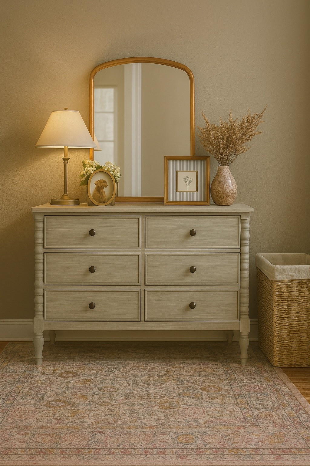 A completed dresser vignette for a client’s high school daughter’s new room! 
Wall color : Balanced Beige by Sherwin Williams .. had the perfect mauve undertone to complement the rest of the room. 