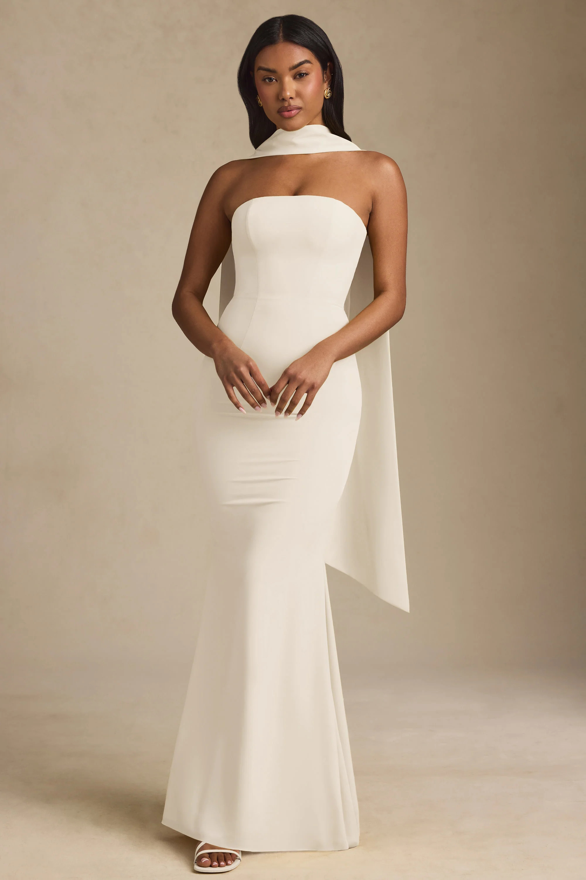 Scarf-Detail Strapless Gown in Ivory | Oh Polly