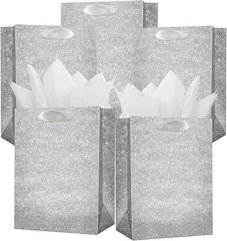 UNIQOOO 12Pcs Embossed Silver Glitter Christmas Gift Bags with 24 Tissue Paper Bulk, M 9x7 Inch, ... | Amazon (US)