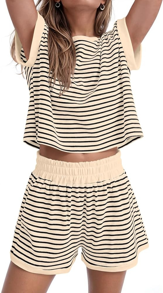 UEU Women Summer 2 Piece Lounge Shorts Sets Striped Short Sleeve Shirts and Shorts Ribbed Matchin... | Amazon (US)