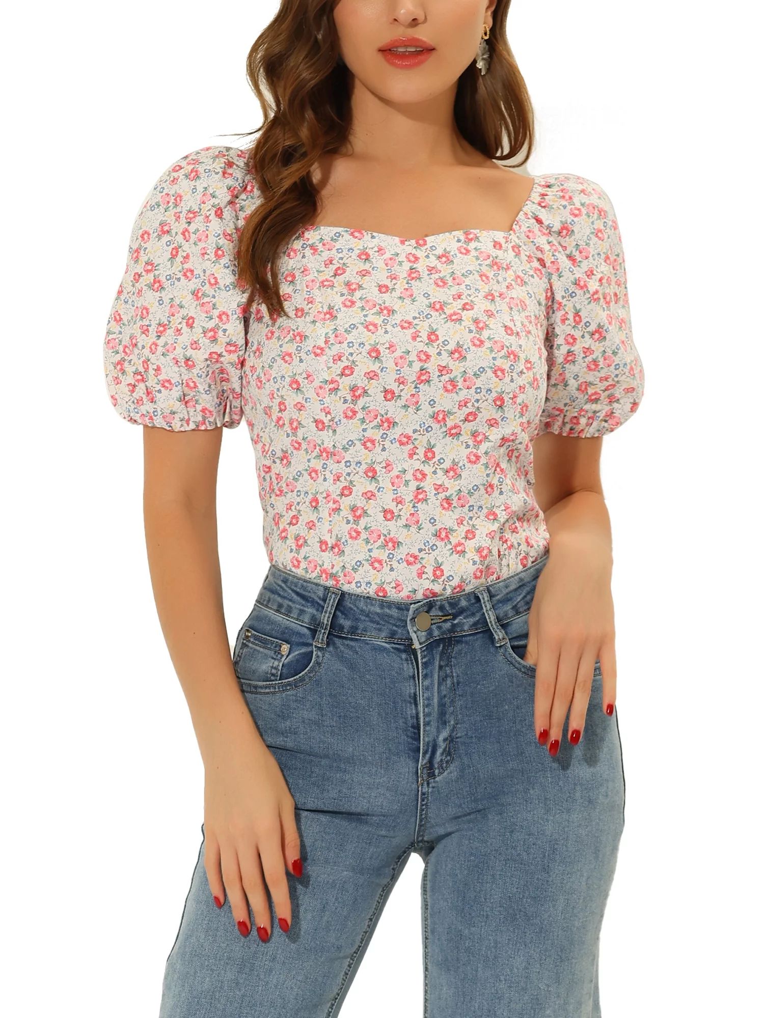 Allegra K Women's Puff Sleeve Sweetheart Neck Smocked Floral Top | Walmart (US)