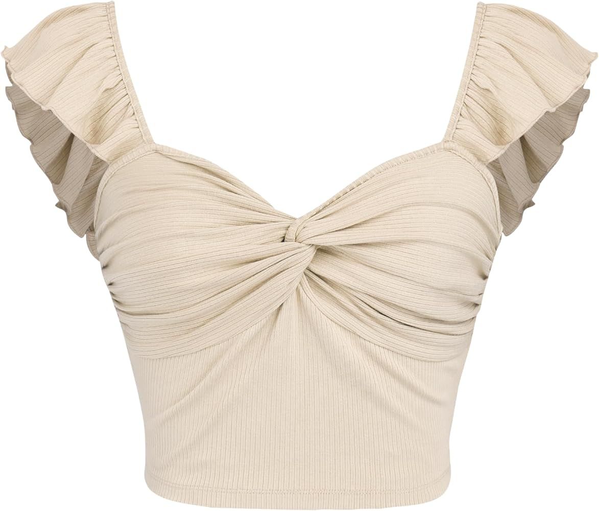 Womens Summer Tops Crop Tops for Women Womens Tops Dressy Casual Solid Twist Ruffle Sleeve Crop T... | Amazon (US)