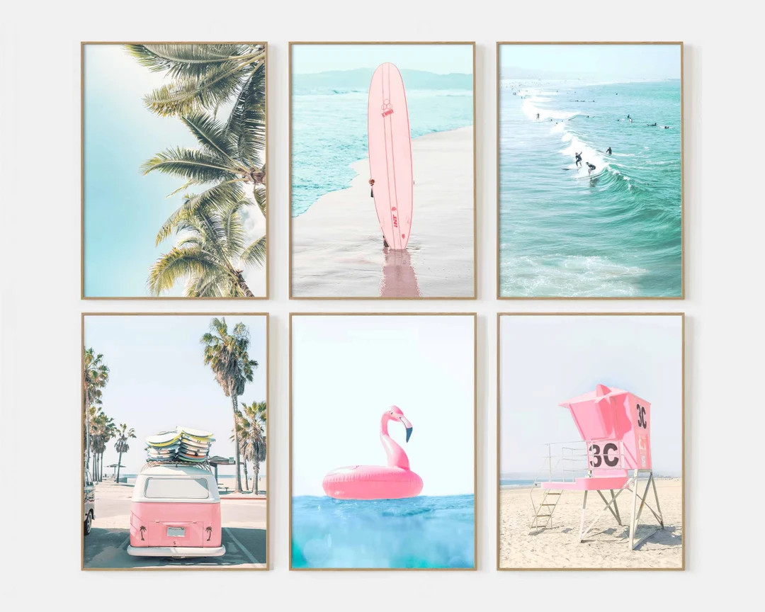 Beach Print Set of 6 Prints Set Surfboard Art Teen Girl Room Decor Pastel Blue Pink Beach Surf Pr... | Etsy (US)