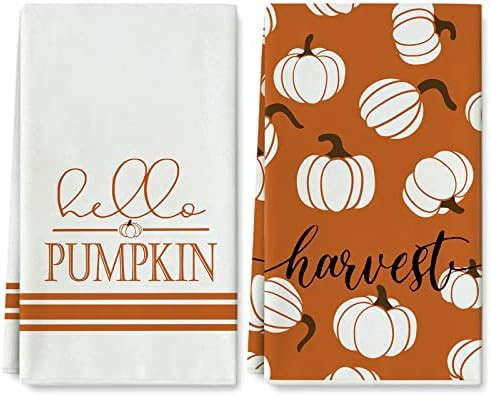 AnyDesign Fall Kitchen Dish Towel 18 x 28 Inch Hello Pumpkin Harvest Tea Towel Autumn Orange White D | Amazon (US)