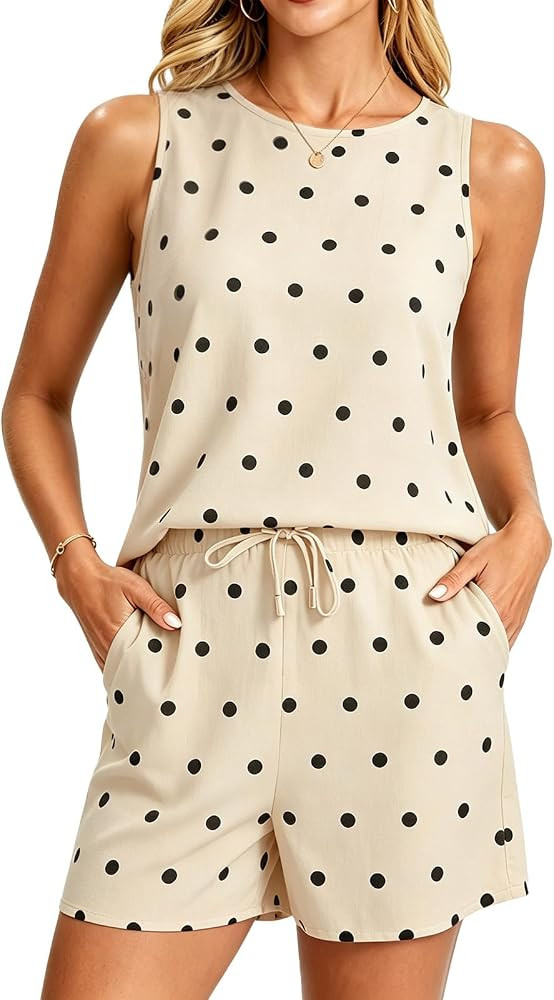Women's 2 Piece Polka Dot Set Sleeveless Crewneck Spot Shirt Tops Elastic Waist Shorts Sets Summe... | Amazon (US)