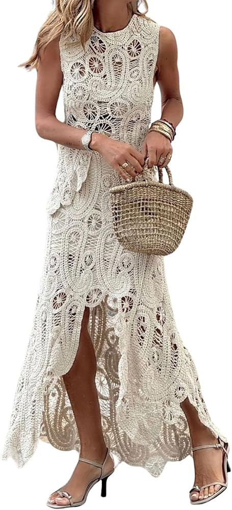 CHARTOU Women Two Pieces Skirt Sets Summer Cut Out Hi-Low Crochet Knit Long Dresses | Amazon (US)