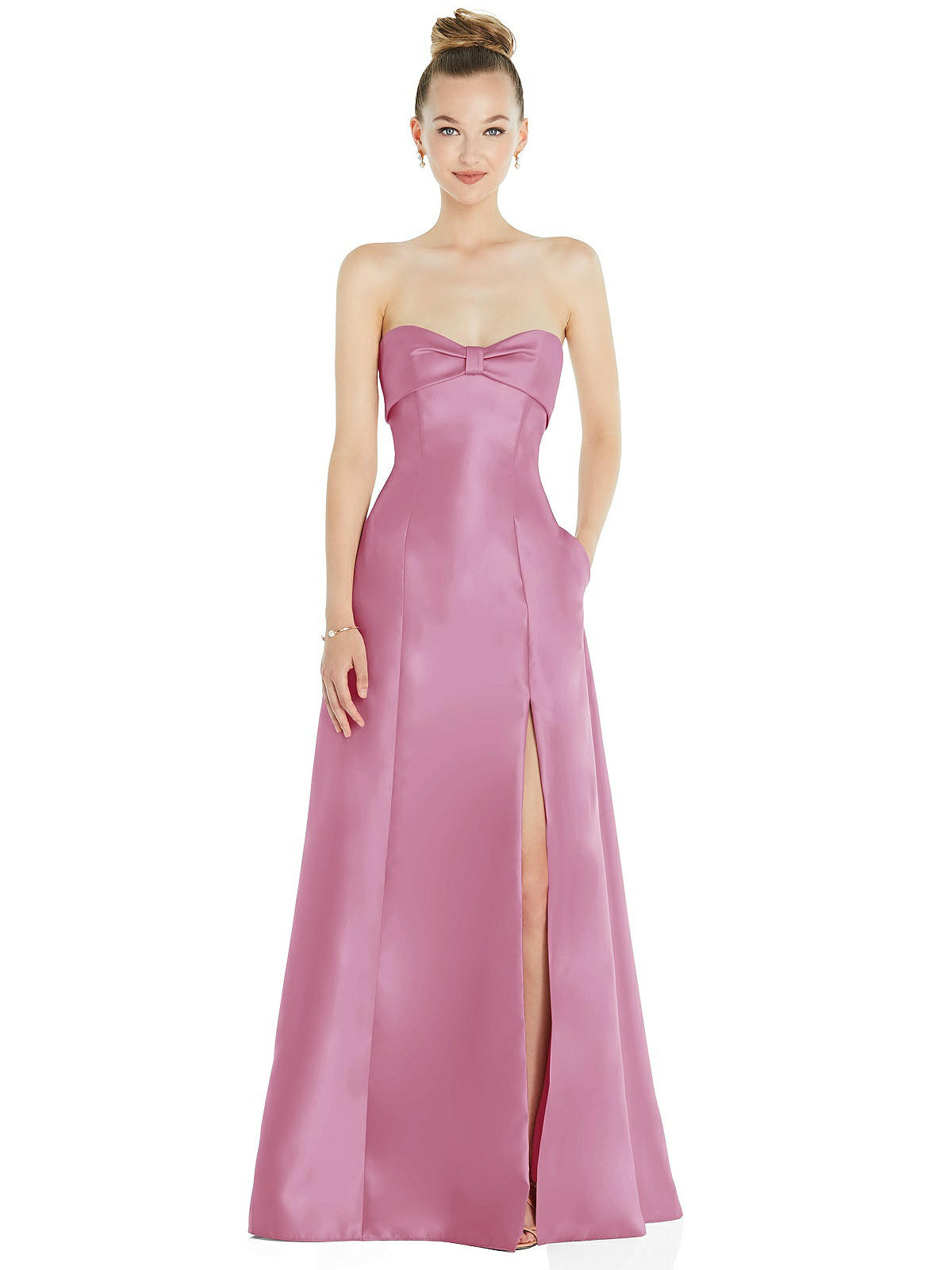 Bow Cuff Strapless Satin Ball Gown with Pockets in Powder Pink | The Dessy Group