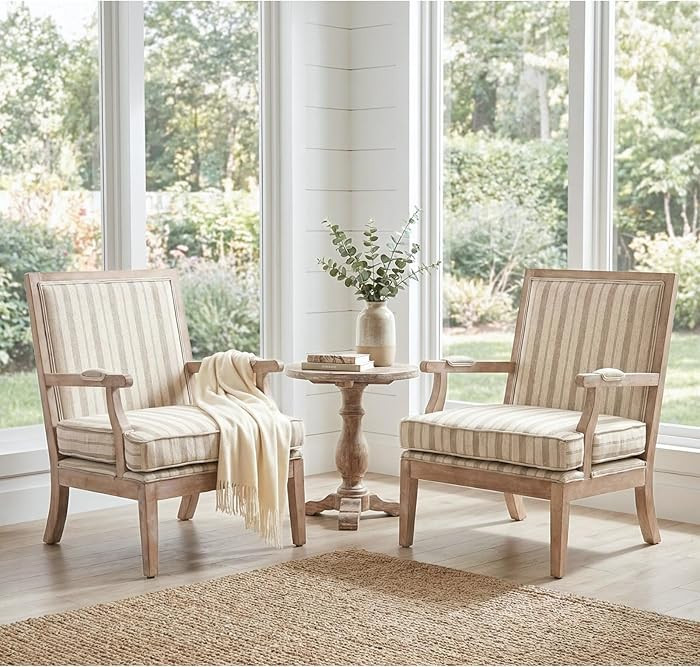 Modern Farmhouse Striped Accent Chairs Set of 2, Wide Upholstered Living Room Chairs with Armrest... | Amazon (US)
