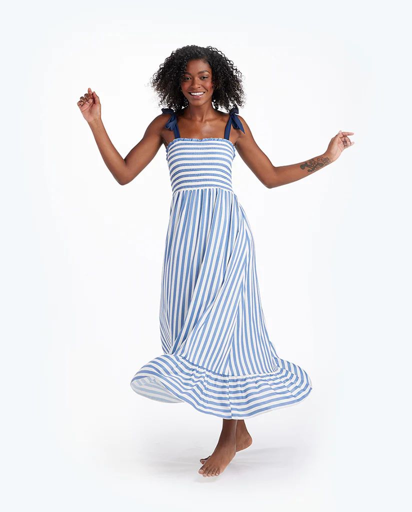 The Smocked Maxi Dress - Nautical Stripe in Blue Mountain | SummerSalt