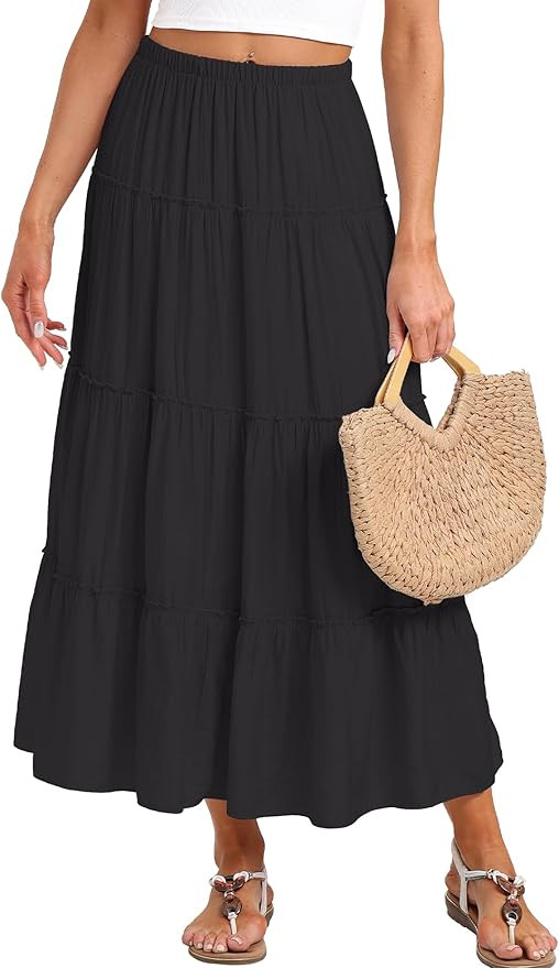 Beaully Long Skirts for Women Boho Elastic Waist Maxi Skirt Flowy Swing Tiered Beach Dress Trendy... | Amazon (US)