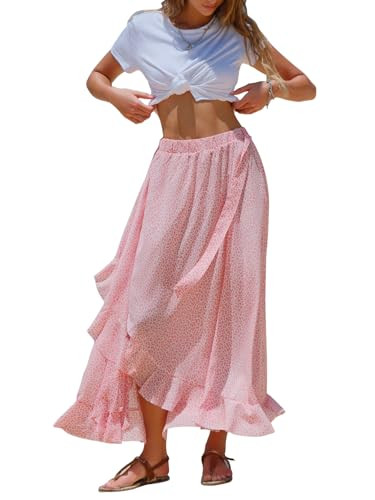 EXLURA Womens Floral Print High Waisted Wrap Long Maxi Skirts Ruffle Hem Self Tie Knot Summer Chiffon Midi Skirts 2025 | Amazon (US)