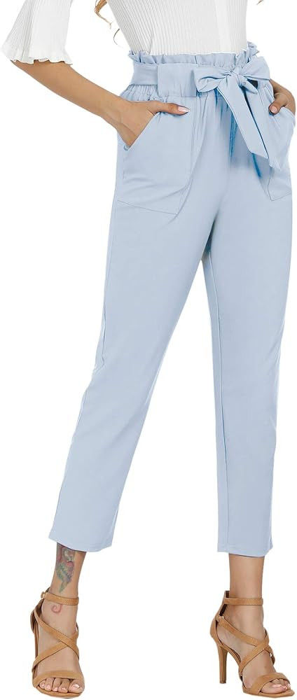 Women's Pants Casual Trouser Paper Bag Pants Elastic Waist Slim Pockets | Amazon (US)
