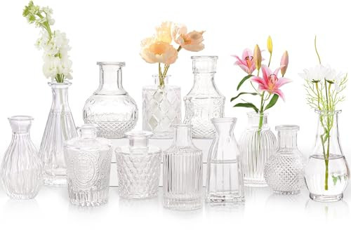 KOIUEYW Glass Bud Vases Set of 12, Vintage Small Vases for Flowers, Clear Crystal Mini Glasses in Bulk, Small Flower Design for Centerpieces Wedding Decorations Home Flower Party Decor | Amazon (US)