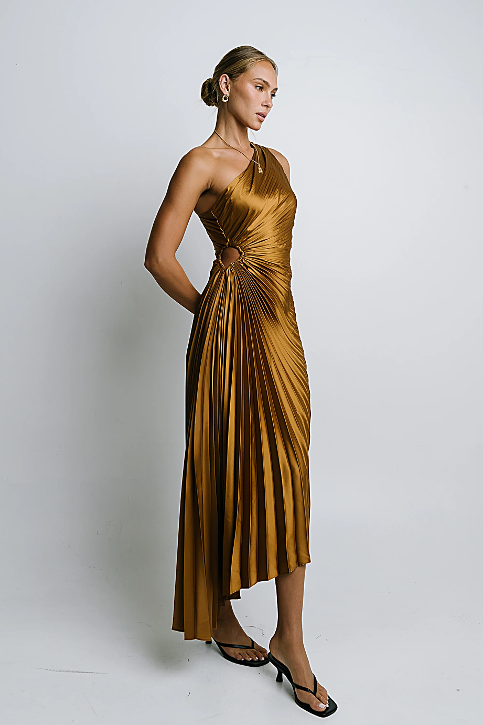 Asymmetrical Pleated Maxi Dress in Gold | Böhme US