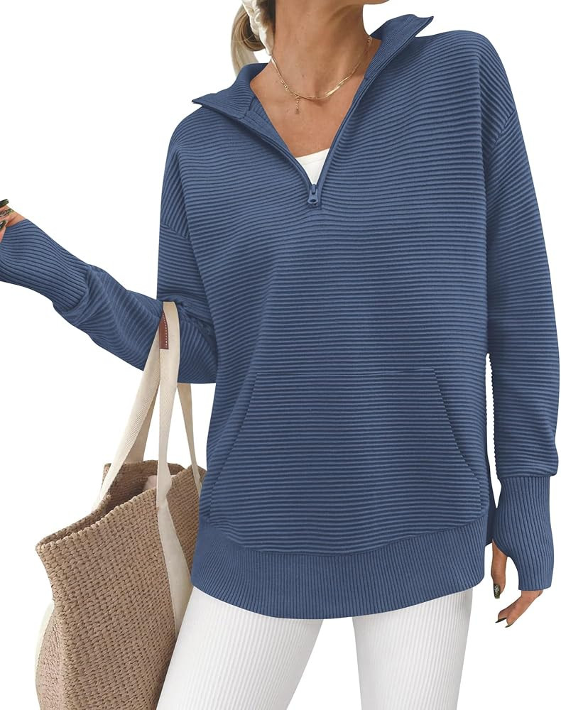 BTFBM Sweaters for Women Fall Winter Clothes 2025 Pocket Quarter Zip Pullover V Neck Long Sleeve ... | Amazon (US)